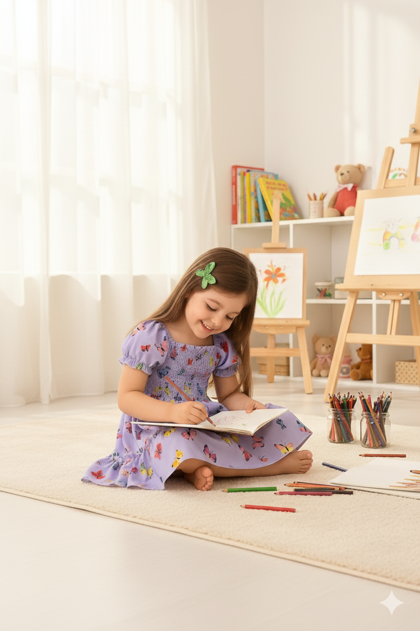 Mihas Purple Color Butterfly Printed Short Sleeve Kids Dress - Image 3