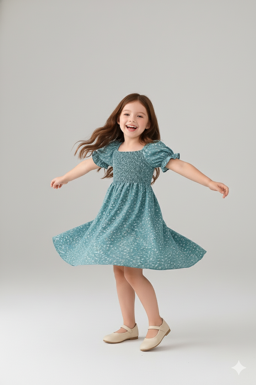 Mihas Rama Green Flower Printed Short Sleeve Girls Dress - Image 4