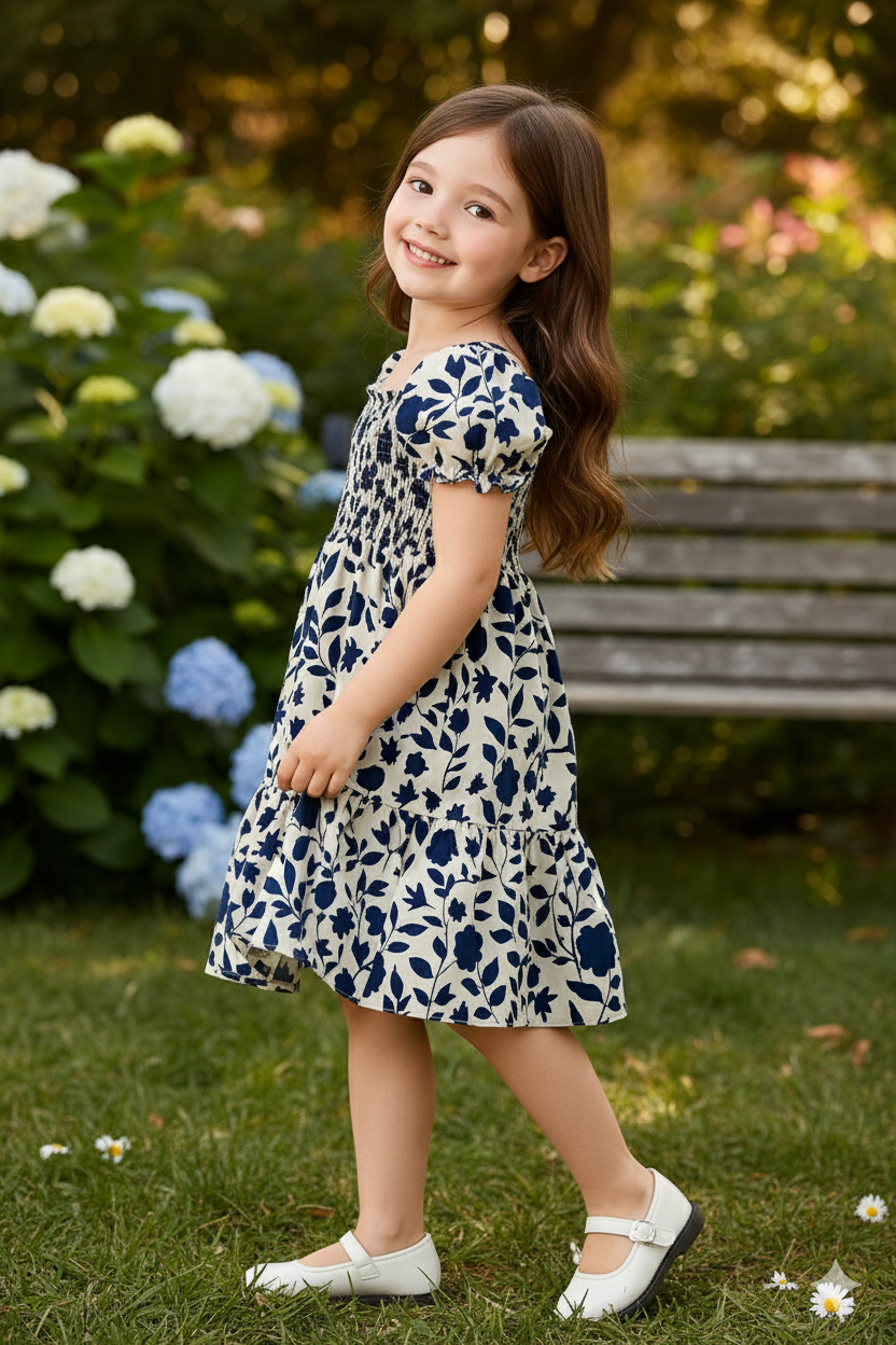 Mihas Navy Blue Floral Printed Short Sleeve Midi Kids Dress - Image 2