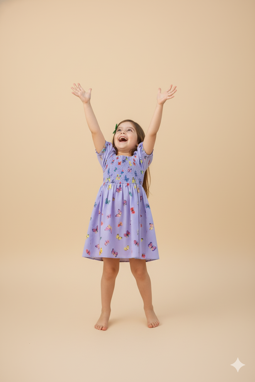 Mihas Purple Color Butterfly Printed Short Sleeve Kids Dress - Image 4