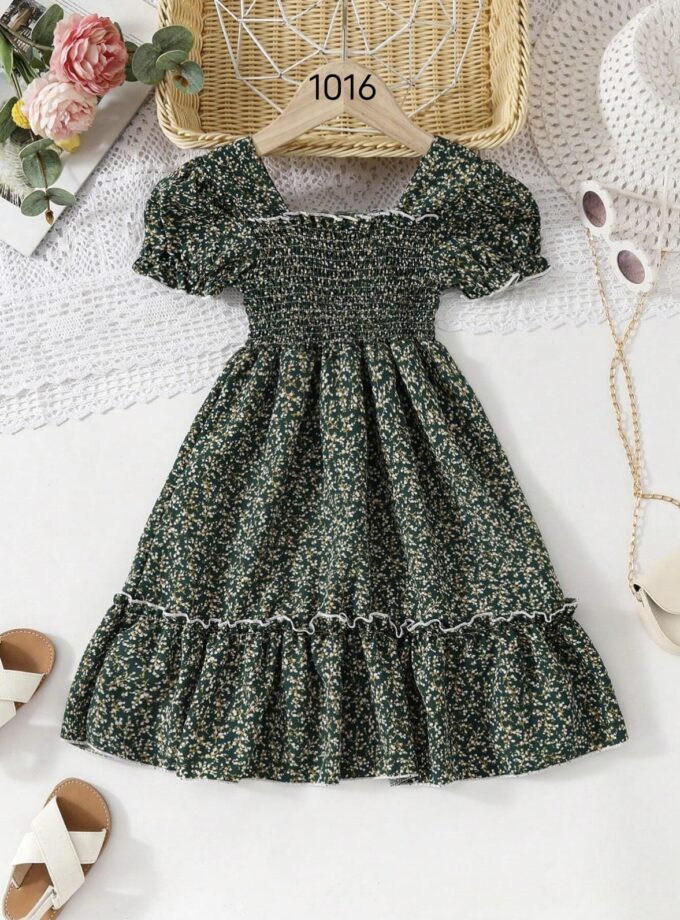 Mihas Mehndi Green Floral Printed Short Sleeve A-Line Baby Dress