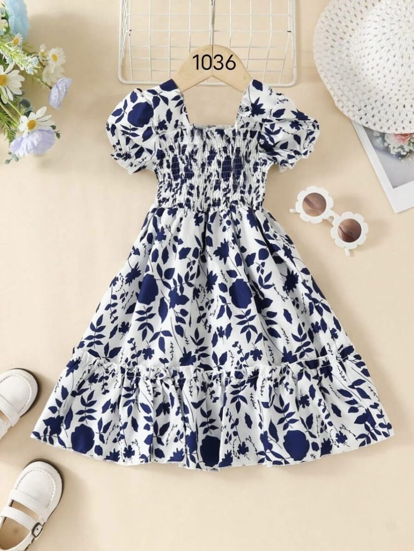 Mihas Navy Blue Floral Printed Short Sleeve Midi Kids Dress