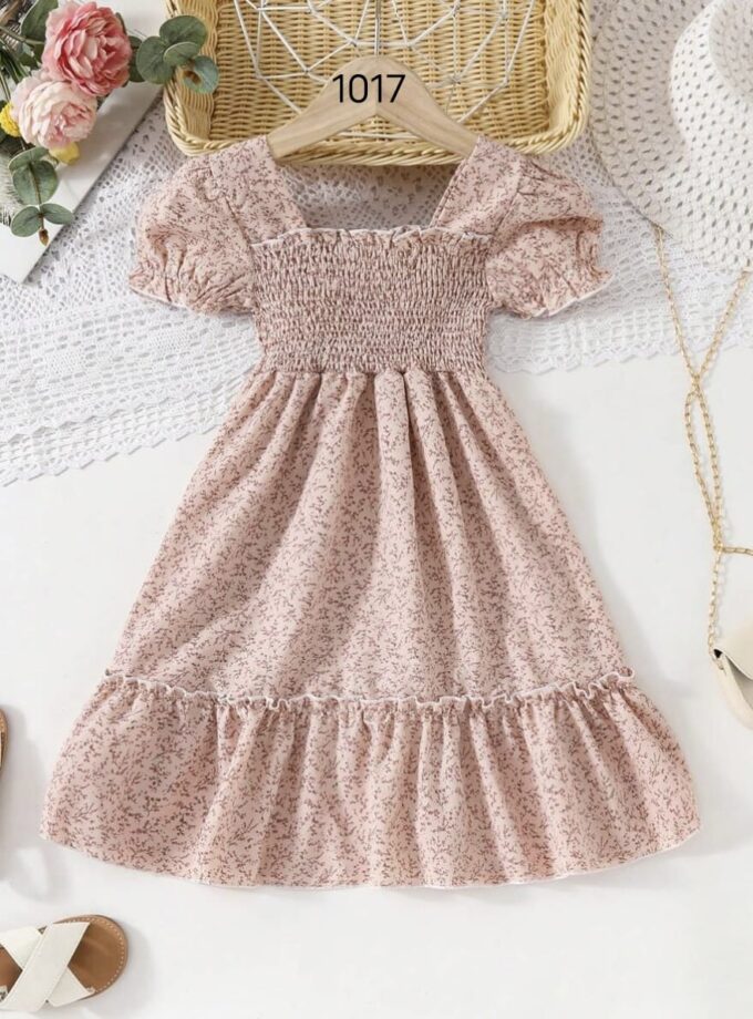 Mihas Cream Color Floral Printed Short Sleeve A-Line Girls Dress