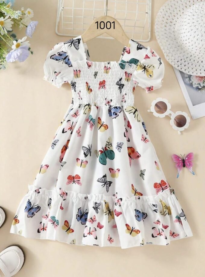 Mihas Off-White Color Butterfly Printed Short Sleeve Kids Dress