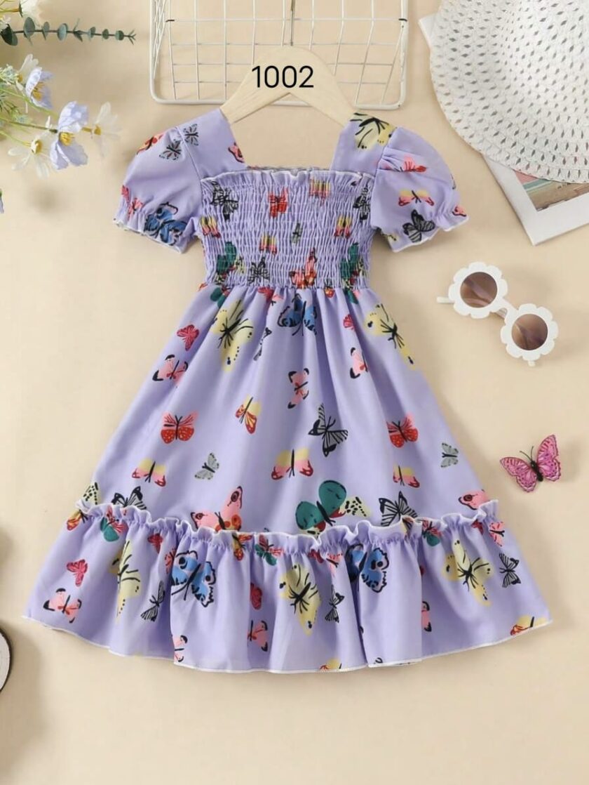 Mihas Purple Color Butterfly Printed Short Sleeve Kids Dress