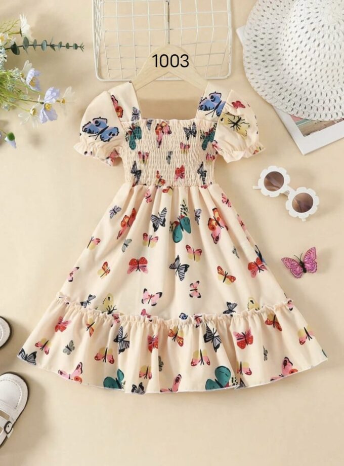 Miihas Cream Color Butterfly Printed Short Sleeve Kids Dress