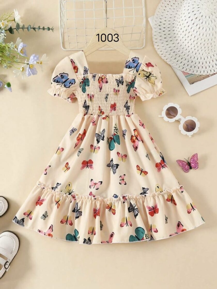 Miihas Cream Color Butterfly Printed Short Sleeve Kids Dress