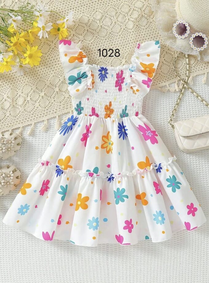 Mihas White Color Floral Printed Flared Sleeve Kids Baby Frock