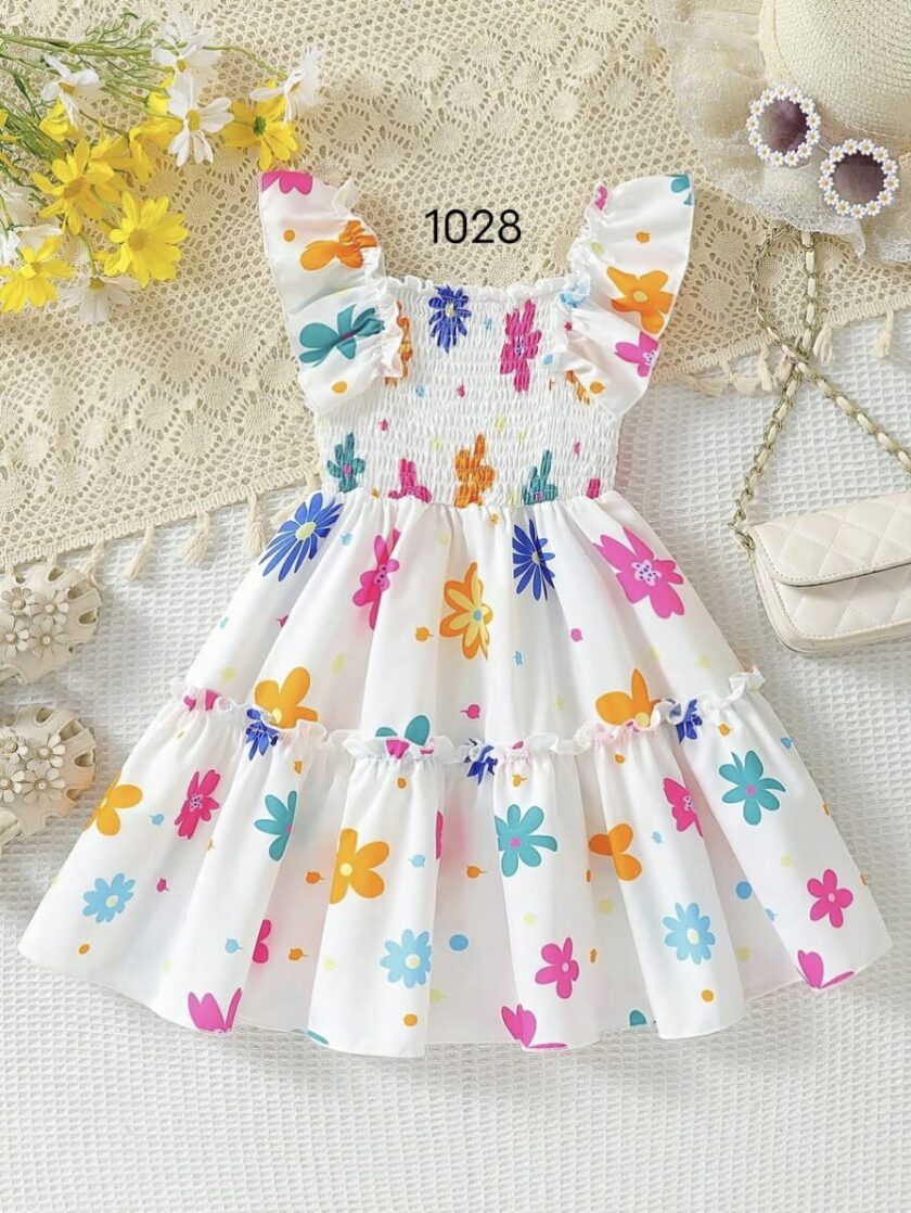 Mihas White Color Floral Printed Flared Sleeve Kids Baby Frock