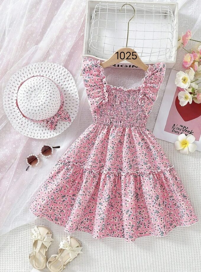 Mihas Pink Color Floral Printed Flared Sleeve Kids Baby Dress