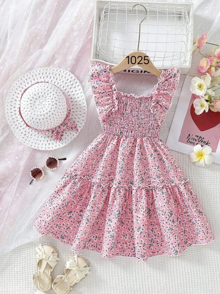 Mihas Pink Color Floral Printed Flared Sleeve Kids Baby Dress