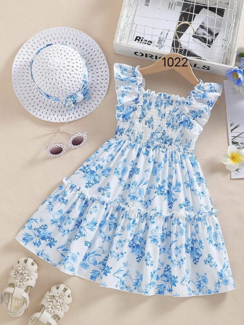 Mihas White Floral Printed Flared Sleeve Girls Dress