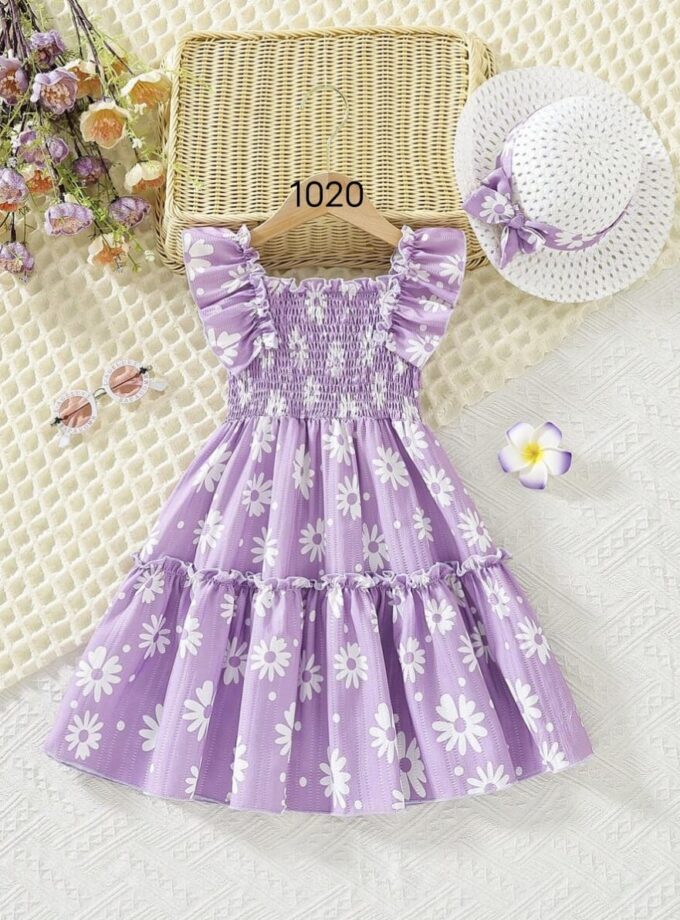 Mihas Purple Flower Printed Flared Sleeve Baby Dress