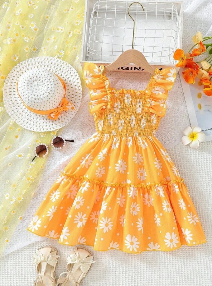 MIhas Yellow Floral Printed Sleeve less Girls Dress