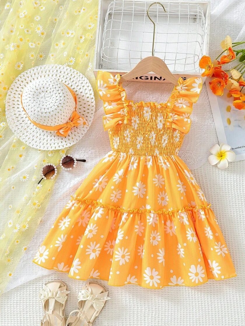 MIhas Yellow Floral Printed Sleeve less Girls Dress