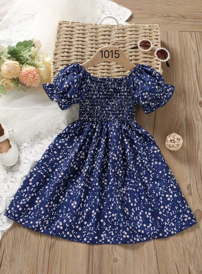 Mihas Navy Blue Floral Printed Short Sleeve Midi Baby Dress