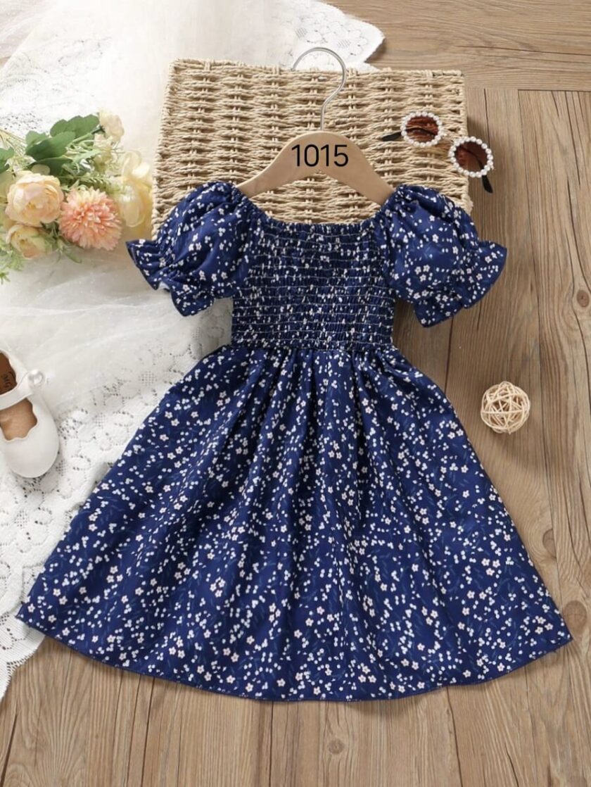Mihas Navy Blue Floral Printed Short Sleeve Midi Baby Dress