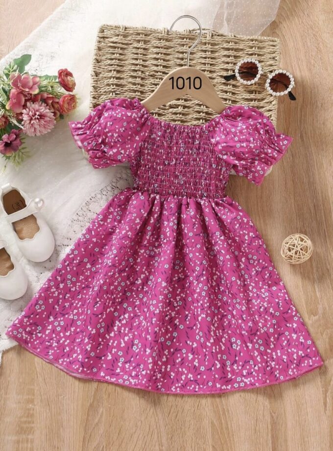 Mihas Pink Color Floral Printed Short Sleeve A-Line Baby Dress
