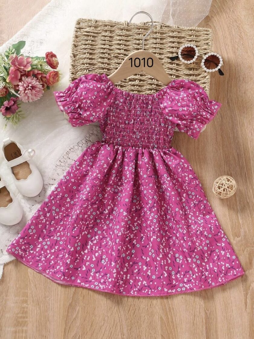 Mihas Pink Color Floral Printed Short Sleeve A-Line Baby Dress