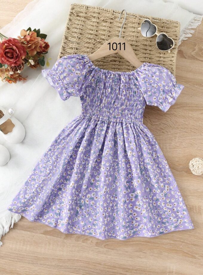 Mihas Purple Color Floral Printed Short Sleeve A-Line Baby Dress