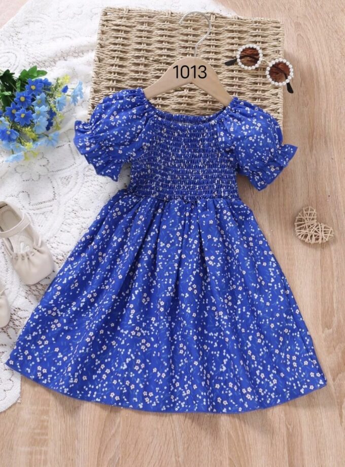 Mihas Blue Color Floral Printed Short Sleeve Midi Baby Dress