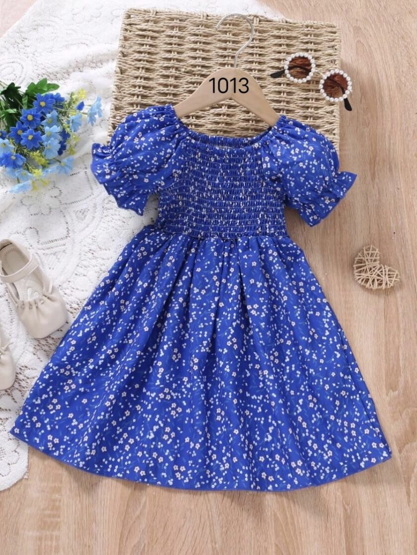 Mihas Blue Color Floral Printed Short Sleeve Midi Baby Dress
