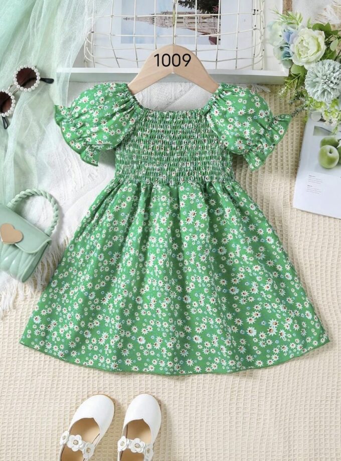 Mihas Green Color Flower Printed Short Sleeve Baby Girl Dresses