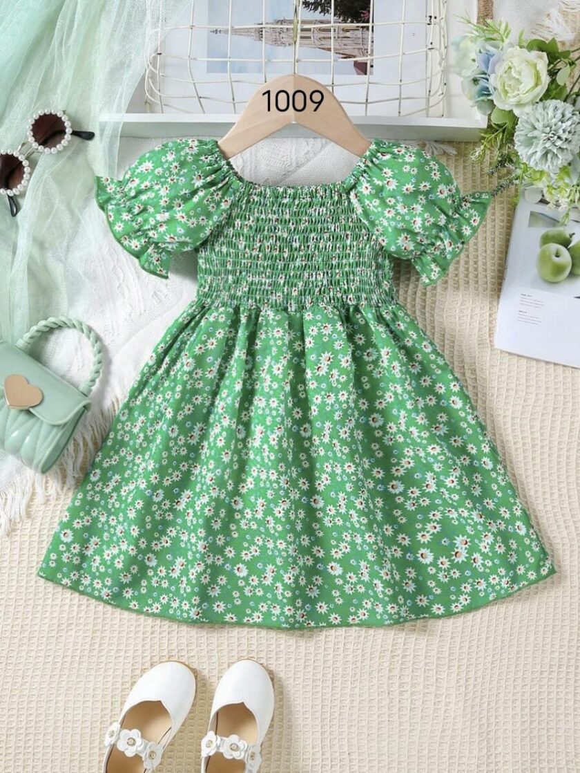 Mihas Green Color Flower Printed Short Sleeve Baby Girl Dresses