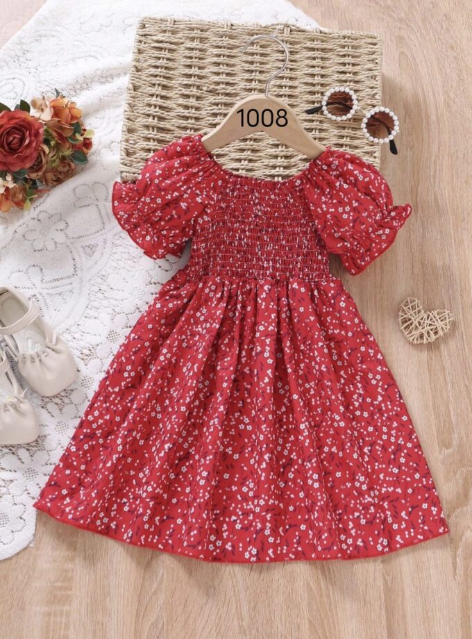 Mihas Red Color Floral Printed Short Sleeve Midi Girls Dress