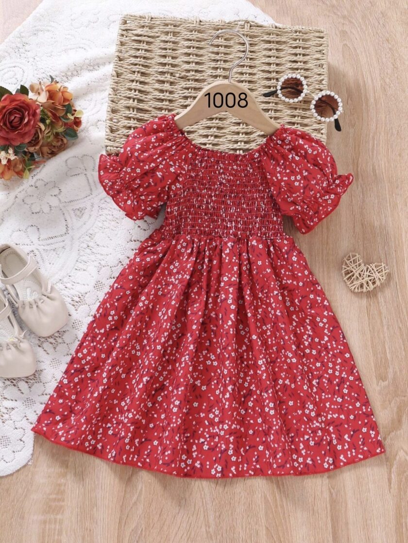 Mihas Red Color Floral Printed Short Sleeve Midi Girls Dress
