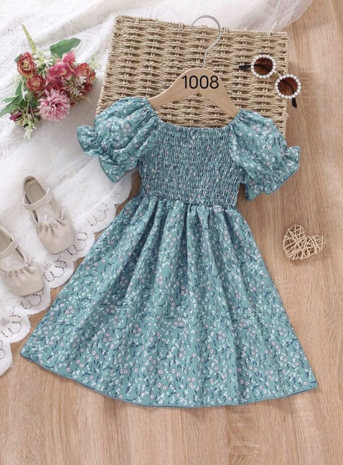 Mihas Rama Green Flower Printed Short Sleeve Girls Dress