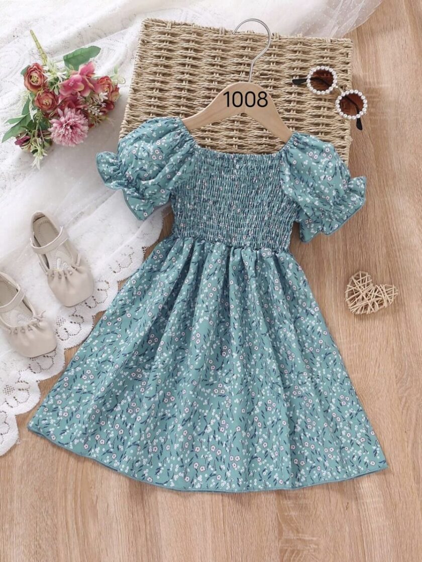 Mihas Rama Green Flower Printed Short Sleeve Girls Dress