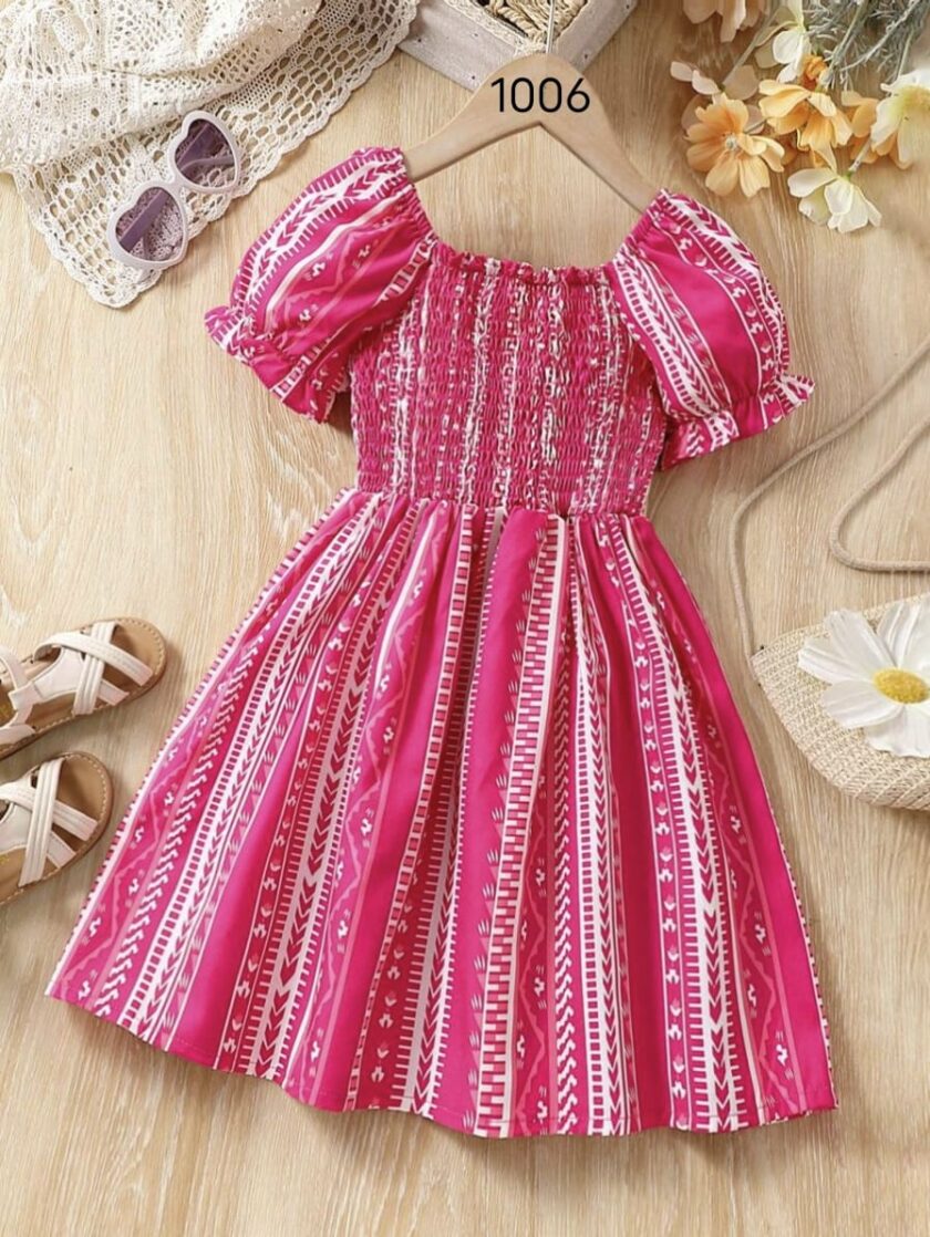 Mihas Pink Color Printed Short Sleeve Midi Kids Dress