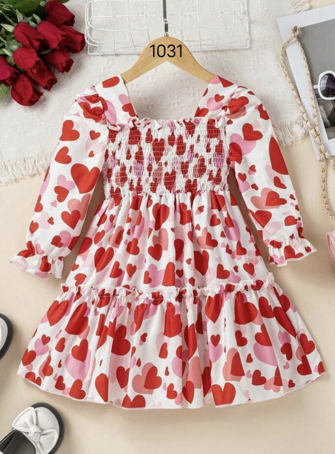 Mihas Multicolor Heart Theme Full Sleeve Midi Kids Dress