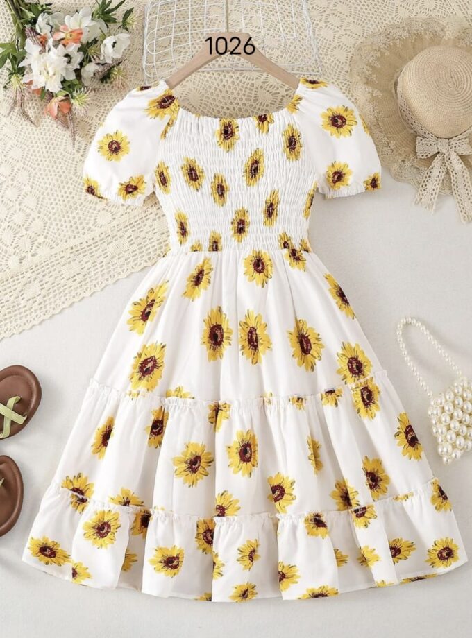 Mihas Off-White Color Flower Printed Short Sleeve Baby Girl Dress