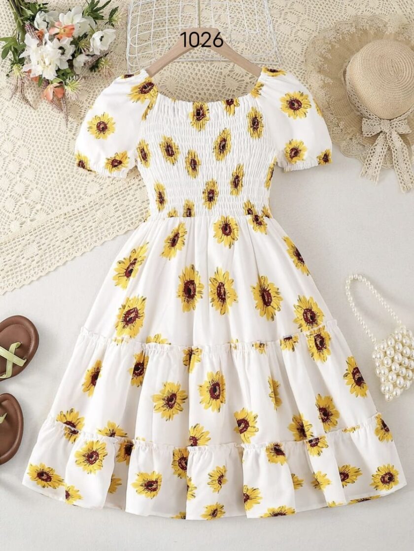 Mihas Off-White Color Flower Printed Short Sleeve Baby Girl Dress