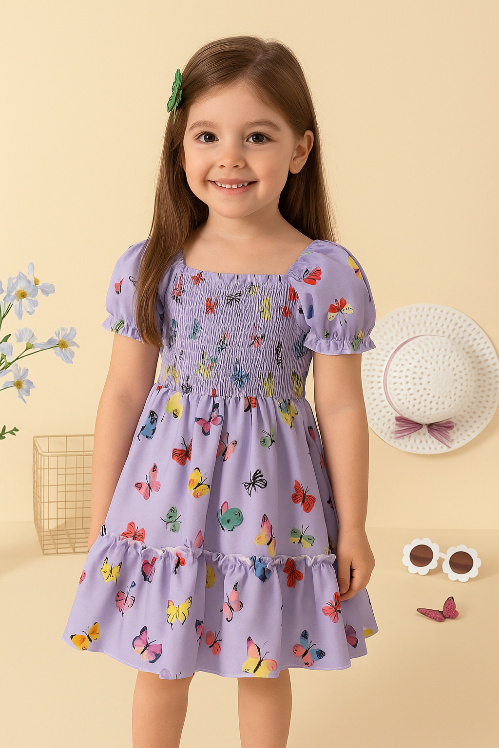 Mihas Purple Color Butterfly Printed Short Sleeve Kids Dress - Image 2