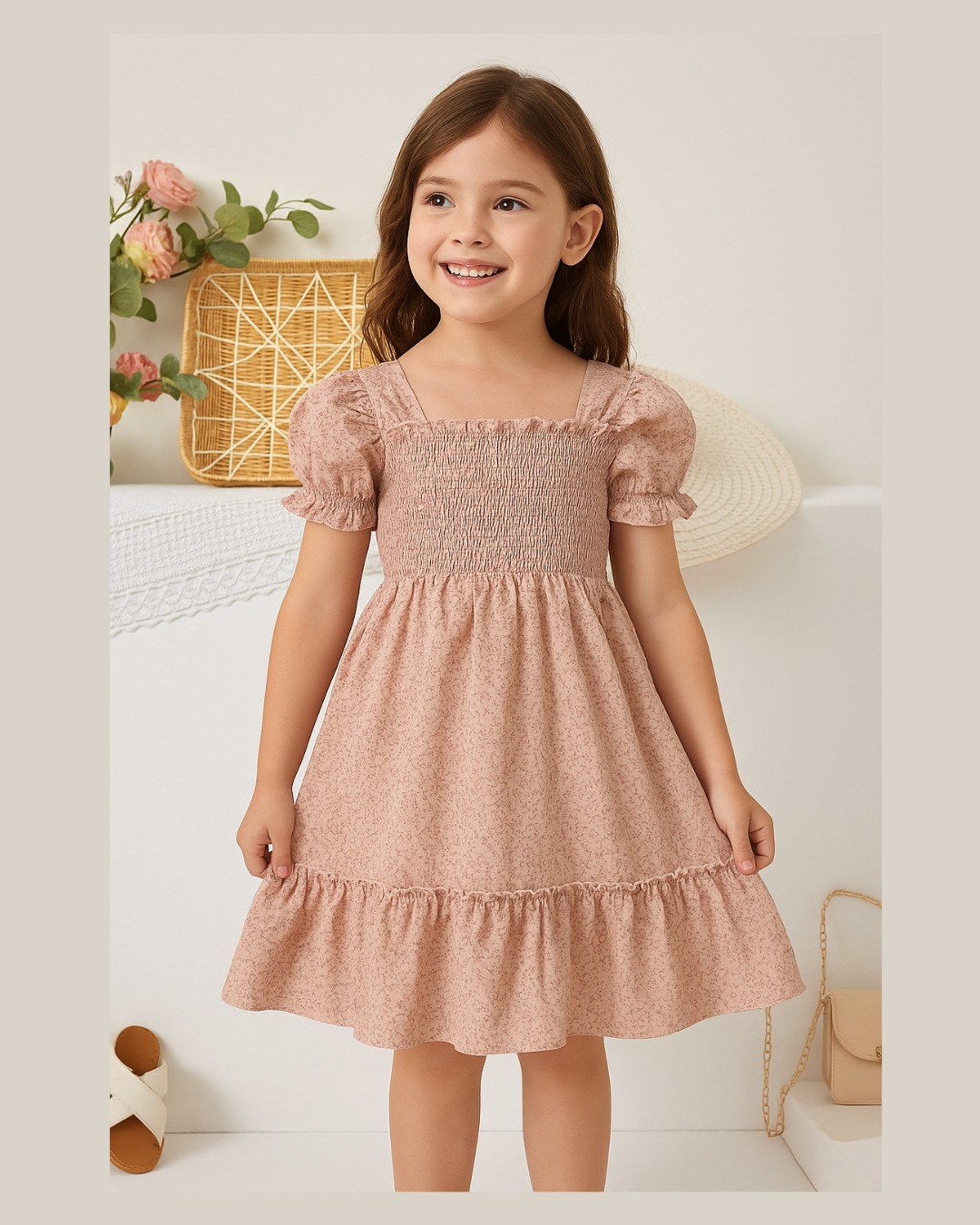 Mihas Cream Color Floral Printed Short Sleeve A-Line Girls Dress - Image 2