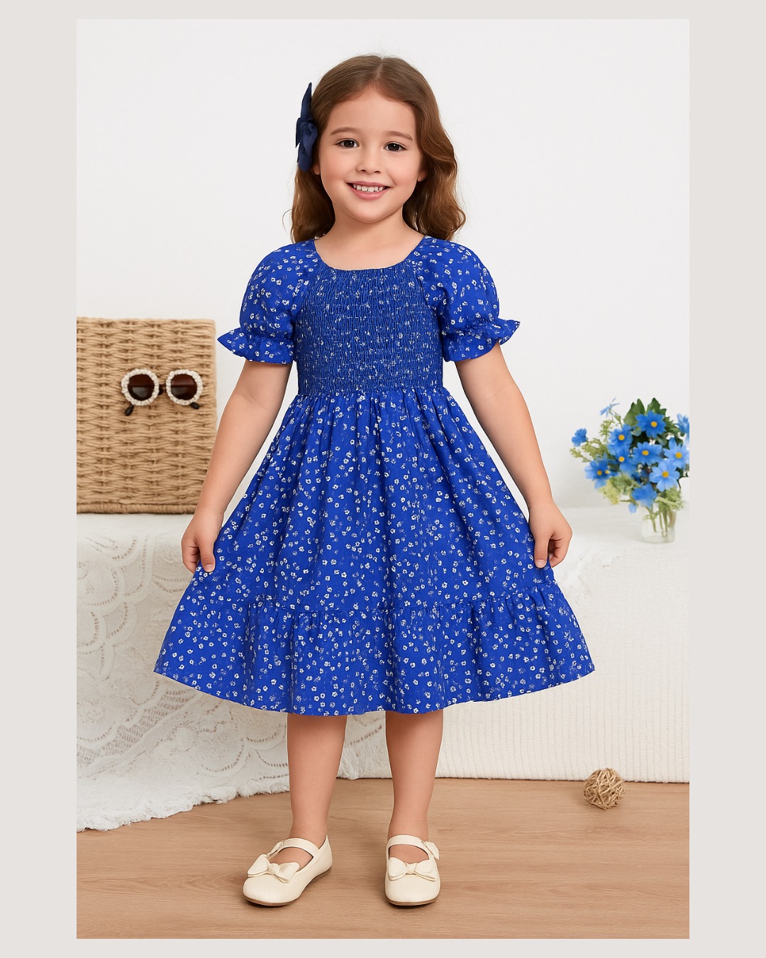 Mihas Blue Color Floral Printed Short Sleeve Midi Baby Dress - Image 2