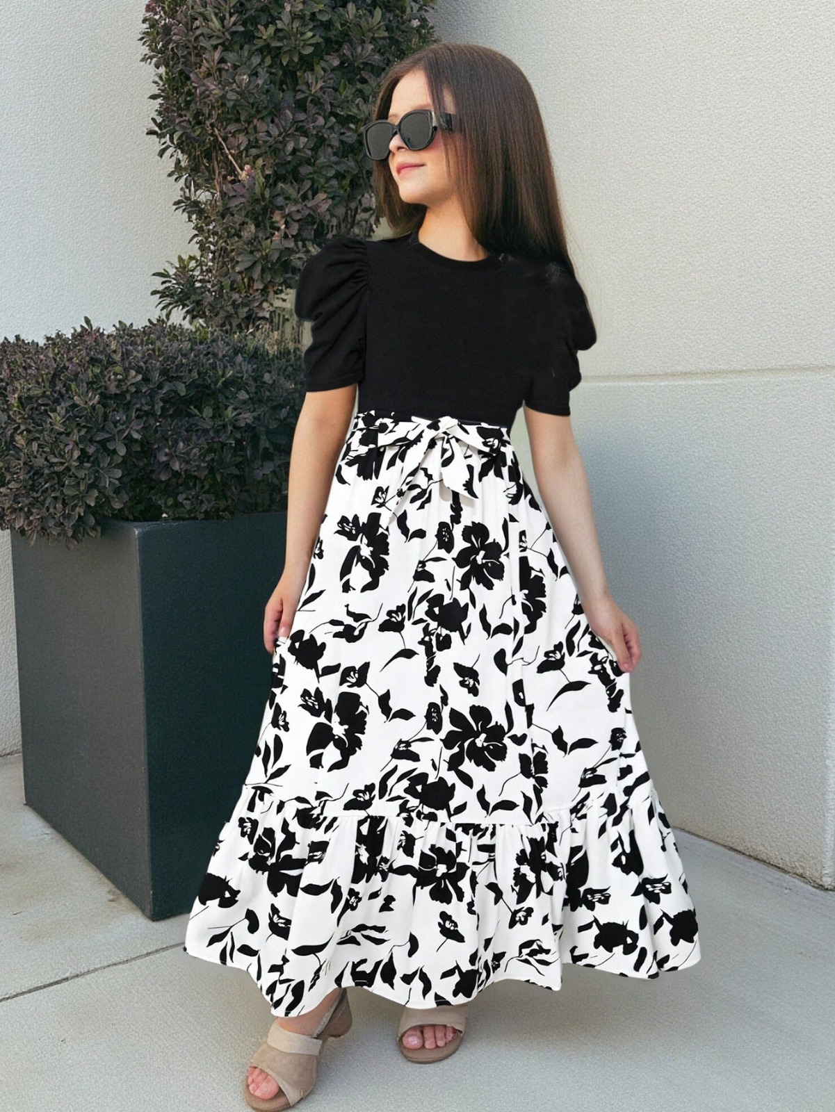 Mihas Monochrome Blossom Long Dress