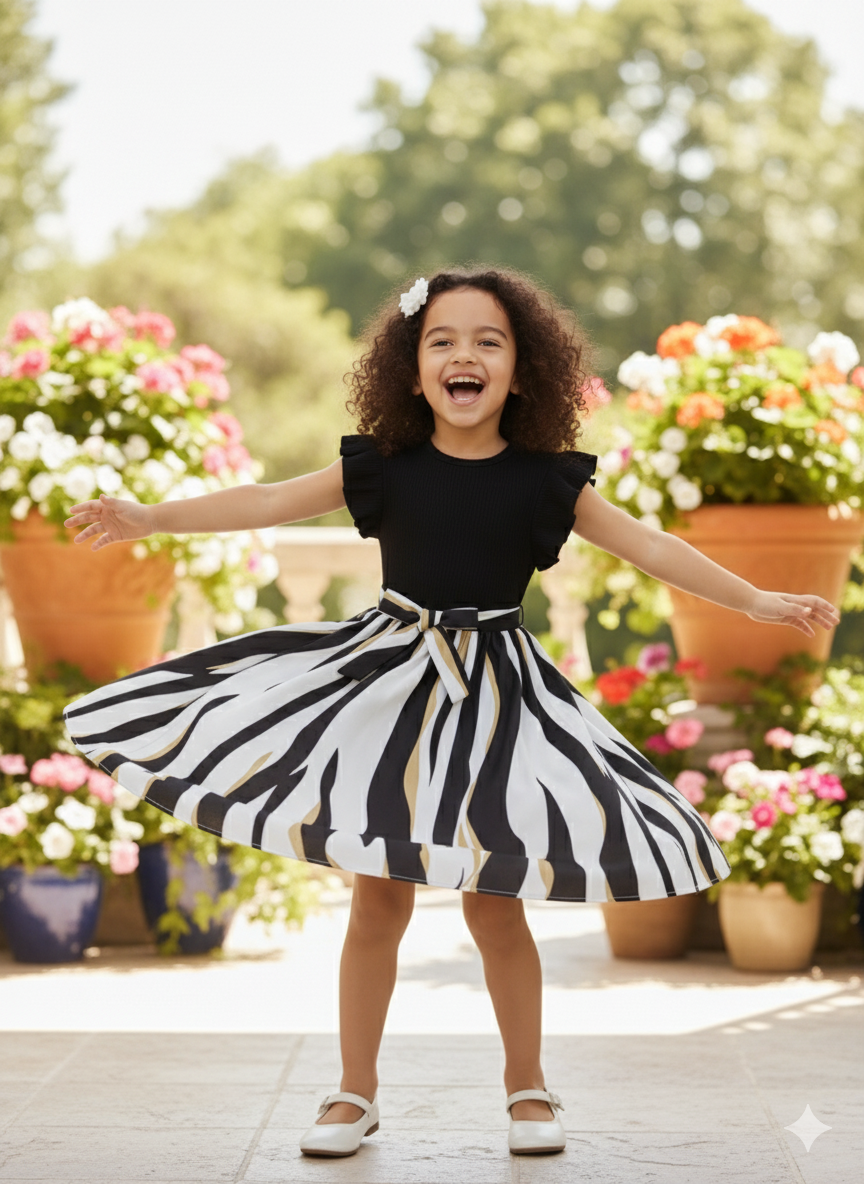 Black & White Flutter Sleeve Cotton Spandex Dress with Bow – - Image 3