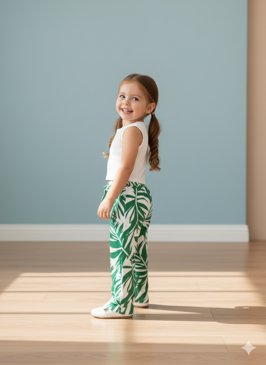 Tropical Leaf Print Pant & White Crop Top Set – Cotton Spandex - Image 4