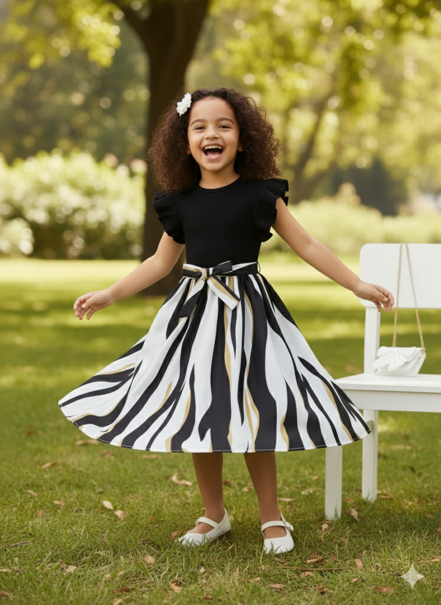 Black & White Flutter Sleeve Cotton Spandex Dress with Bow – - Image 2