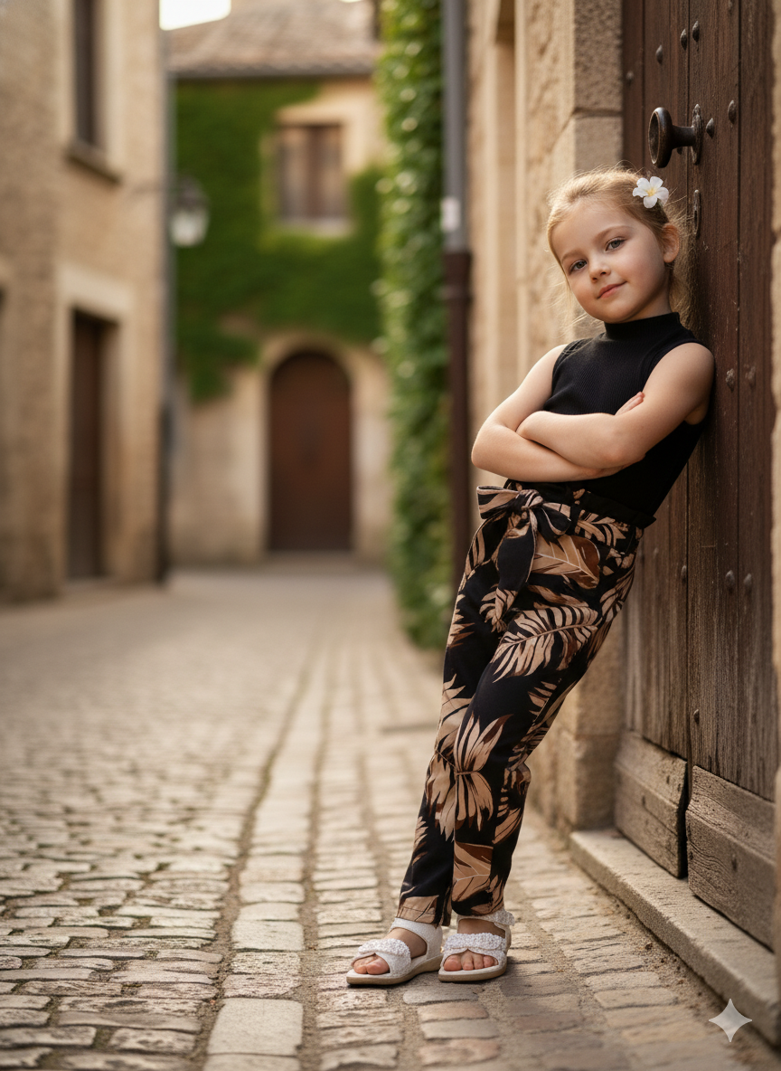 Tropical Leaf Print Pant & Black Sleeveless Top Set – Cotton Spandex - Image 4