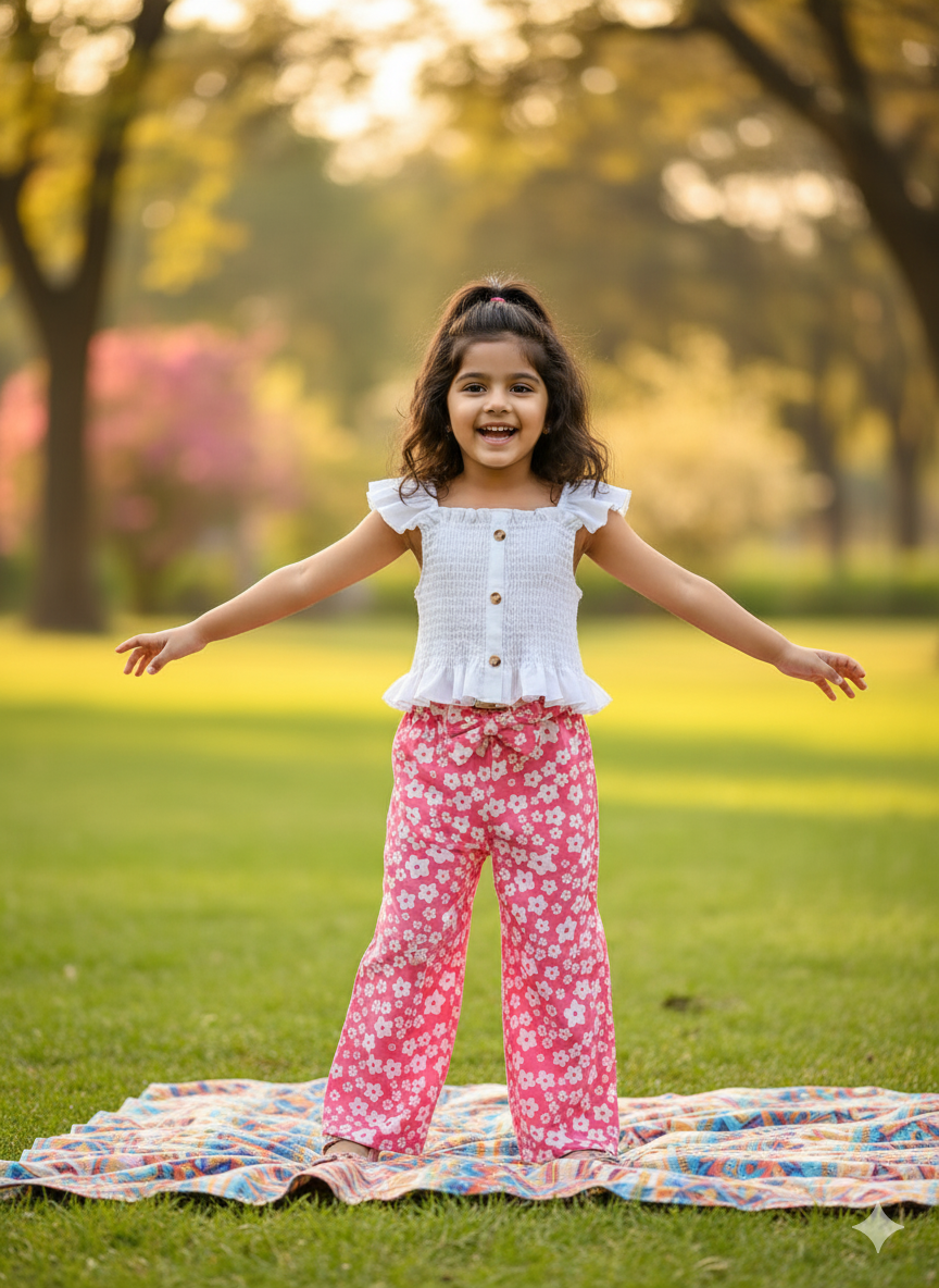 Pink Floral Print Pant & White Ruffle Top Set – Cotton Spandex - Image 3
