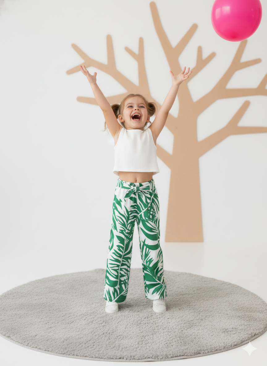 Tropical Leaf Print Pant & White Crop Top Set – Cotton Spandex - Image 2