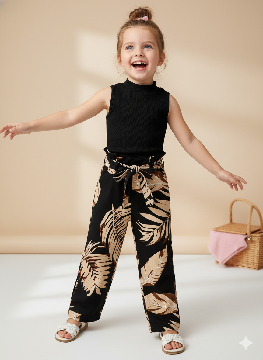 Tropical Leaf Print Pant & Black Sleeveless Top Set – Cotton Spandex - Image 2
