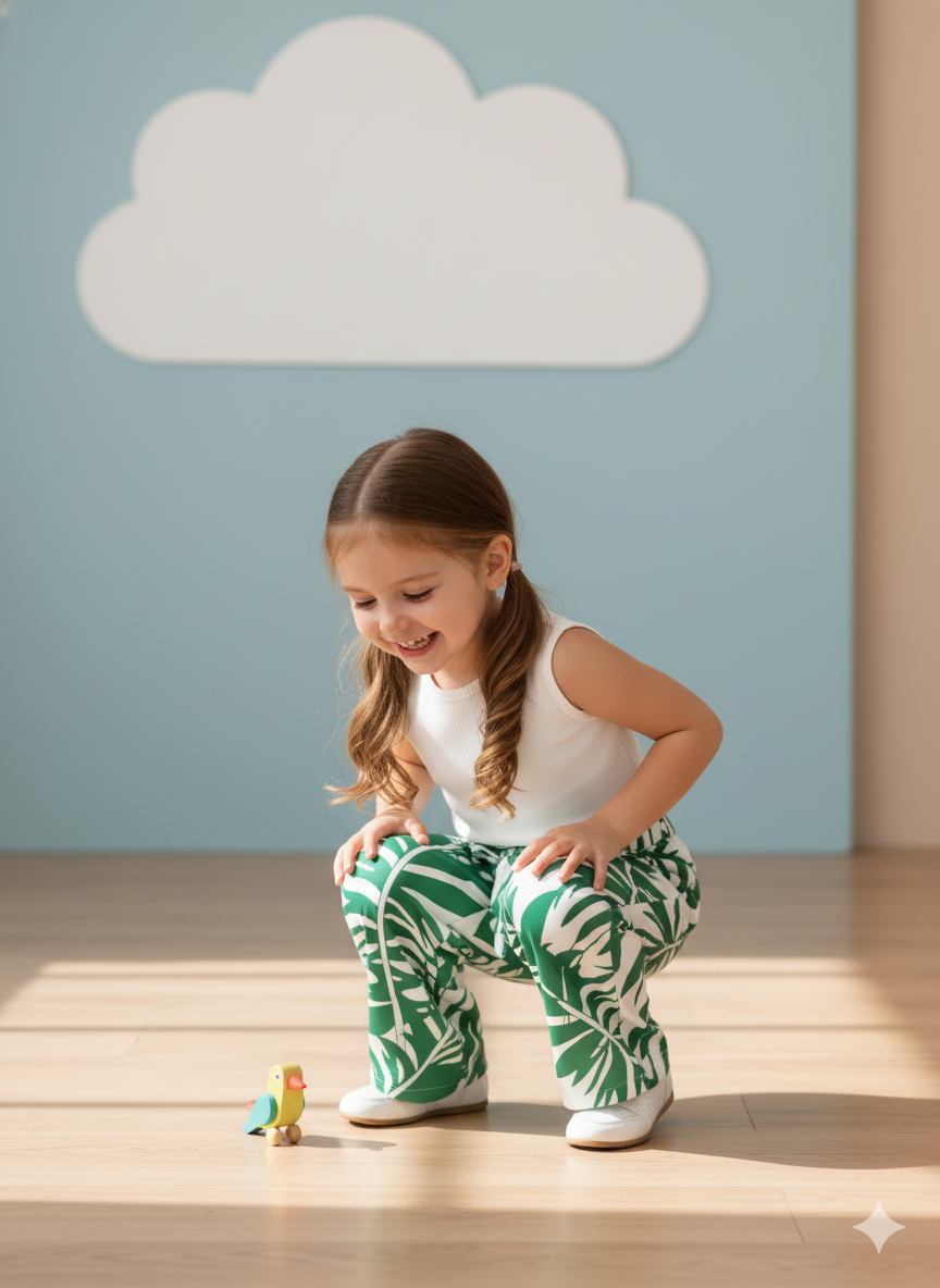 Tropical Leaf Print Pant & White Crop Top Set – Cotton Spandex - Image 3