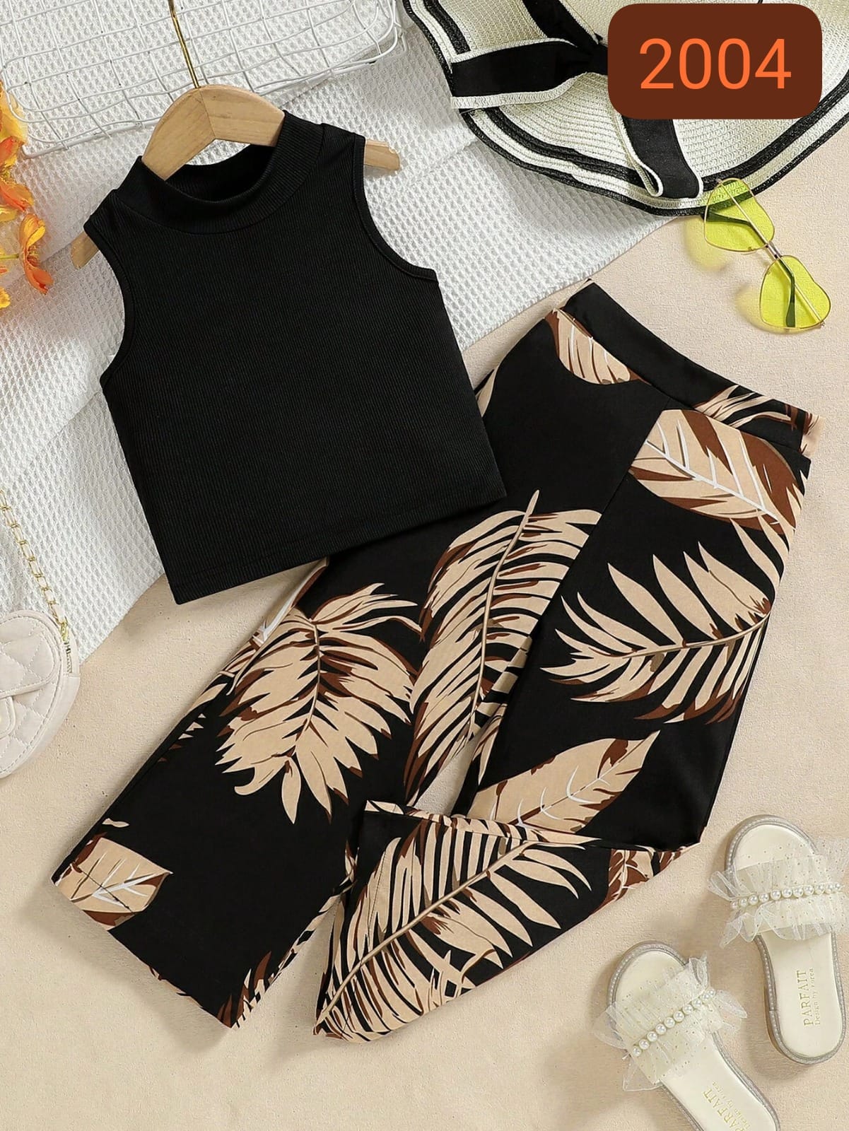 Tropical Leaf Print Pant & Black Sleeveless Top Set – Cotton Spandex