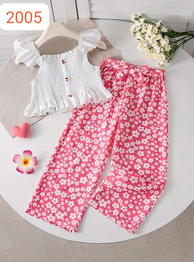 Pink Floral Print Pant & White Ruffle Top Set – Cotton Spandex